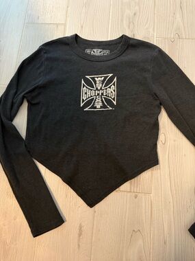 Choppers Black Cropped Long Sleeve Tee with White Graphic